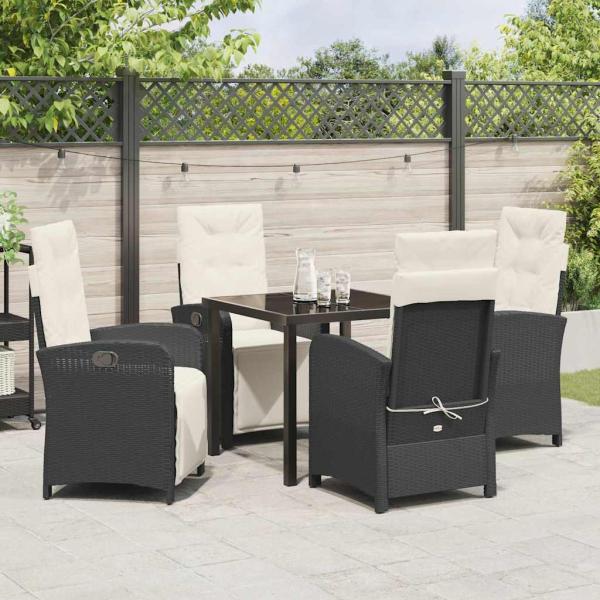 5-teilige Garten Essgruppe mit Kissen Schwarz Poly Rattan, Gartentisch Schwarz 80x80x73 cm Sicherheitsglas