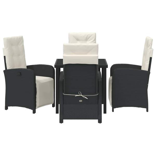 5-teilige Garten Essgruppe mit Kissen Schwarz Poly Rattan, Gartentisch Schwarz 80x80x73 cm Sicherheitsglas