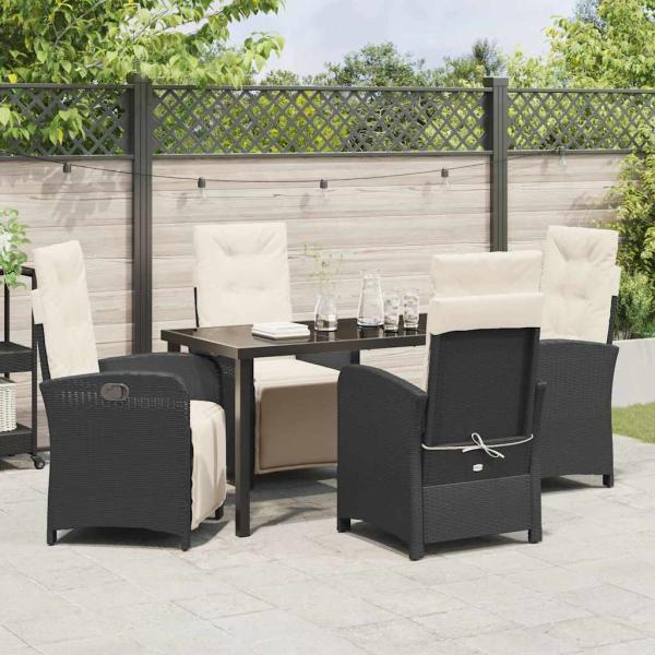 5-teiliges Garten-Essset mit Kissen in Schwarz Poly Rattan, Gartentisch Schwarz 140x80x73 cm mit Sicherheitsglas