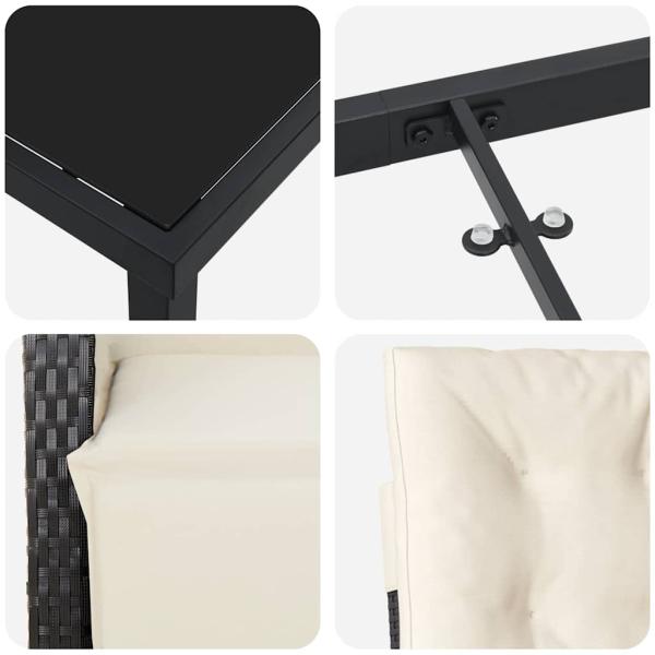 5-teiliges Garten-Essset mit Kissen in Schwarz Poly Rattan, Gartentisch Schwarz 140x80x73 cm mit Sicherheitsglas