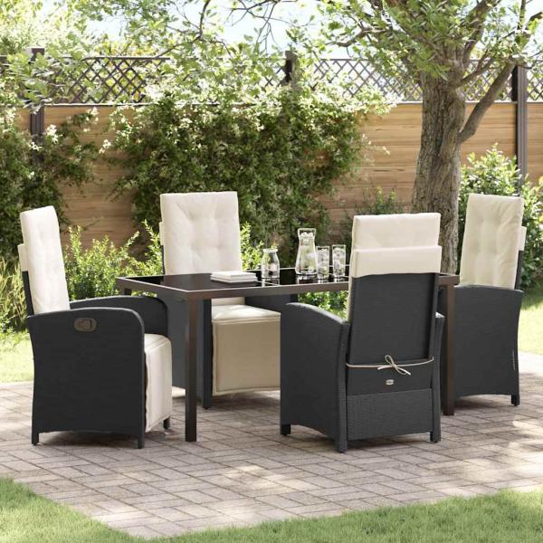 ARDEBO.de - 5-teilige Garten Essgruppe mit Kissen Schwarz Poly Rattan, Gartentisch Schwarz 160x80x73 cm Tempered Glass