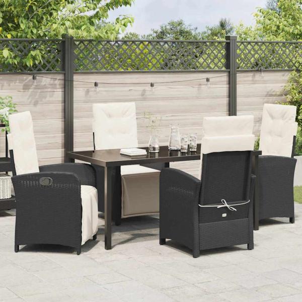 5-teilige Garten Essgruppe mit Kissen Schwarz Poly Rattan, Gartentisch Schwarz 160x80x73 cm Tempered Glass
