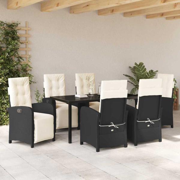 7-teiliges Garten-Essset mit Kissen Schwarz Poly-Rattan, Gartentisch Schwarz 160x80x73 cm Sicherheitsglas
