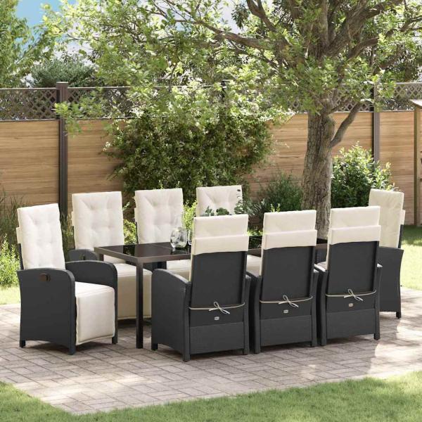 ARDEBO.de - Garten Essgruppe mit Kissen 9 pcs Schwarz Poly-Rattan