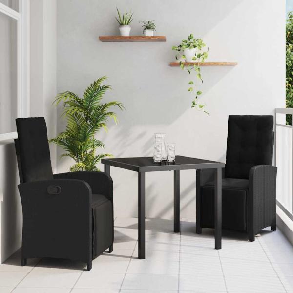 ARDEBO.de - 3-teilige Garten-Essgruppe mit Kissen aus schwarzem Poly-Rattan, Gartentisch Schwarz 80x80x73 cm mit gehärtetem Glas