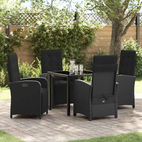 ARDEBO.de - 5-teiliges Gartenessset mit Kissen in Schwarz aus Poly-Rattan, Gartentisch Schwarz 80x80x73 cm mit Sicherheitsglas