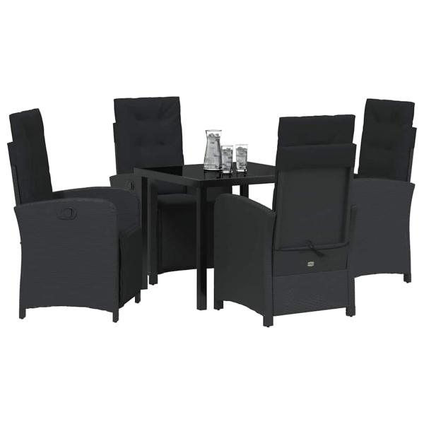 5-teiliges Gartenessset mit Kissen in Schwarz aus Poly-Rattan, Gartentisch Schwarz 80x80x73 cm mit Sicherheitsglas
