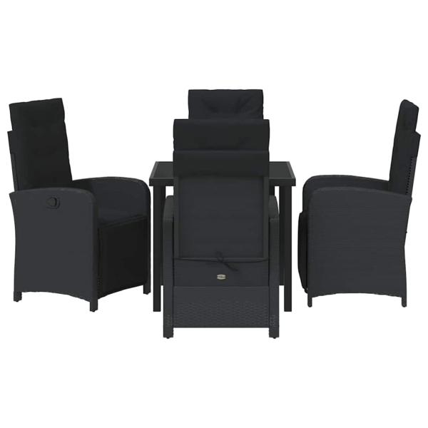 5-teiliges Gartenessset mit Kissen in Schwarz aus Poly-Rattan, Gartentisch Schwarz 80x80x73 cm mit Sicherheitsglas