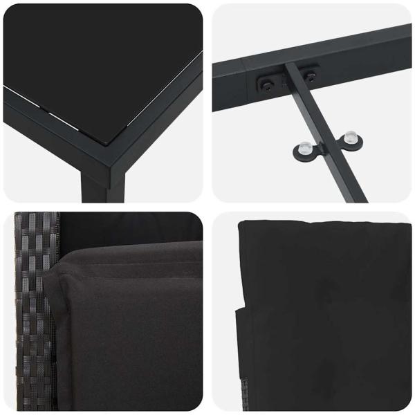 5-teiliges Gartenessset mit Kissen in Schwarz aus Poly-Rattan, Gartentisch Schwarz 80x80x73 cm mit Sicherheitsglas