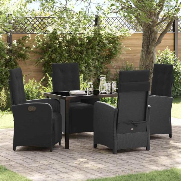 ARDEBO.de - 5-teiliges Garten Esszimmer Set mit Kissen Schwarz Poly-Rattan, Gartentisch Schwarz 140x80x73 cm Tempered Glass
