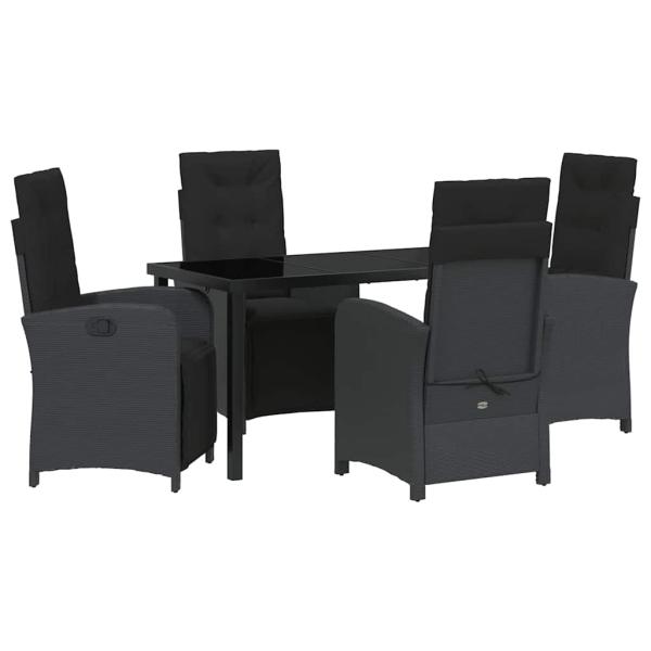 5-teiliges Garten Esszimmer Set mit Kissen Schwarz Poly-Rattan, Gartentisch Schwarz 140x80x73 cm Tempered Glass