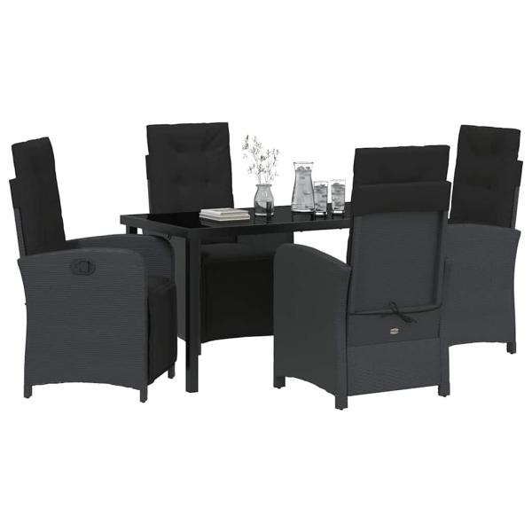 5-teiliges Garten Esszimmer Set mit Kissen Schwarz Poly-Rattan, Gartentisch Schwarz 140x80x73 cm Tempered Glass