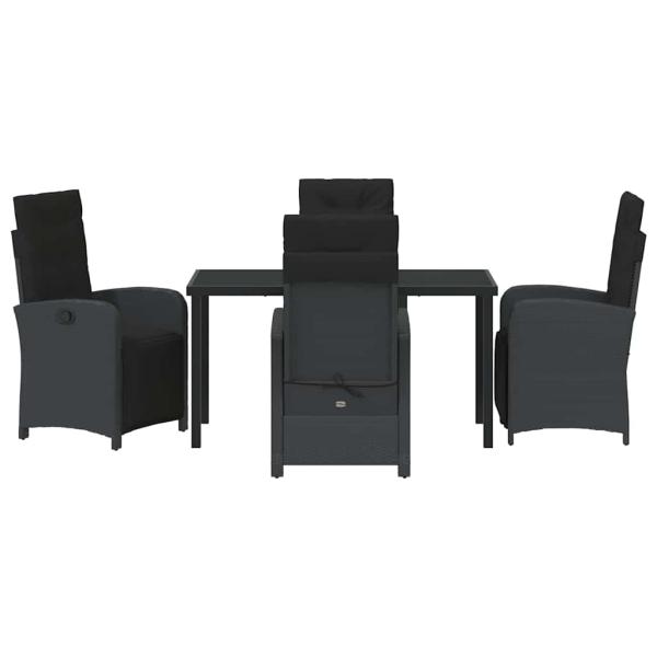 5-teiliges Garten Esszimmer Set mit Kissen Schwarz Poly-Rattan, Gartentisch Schwarz 140x80x73 cm Tempered Glass