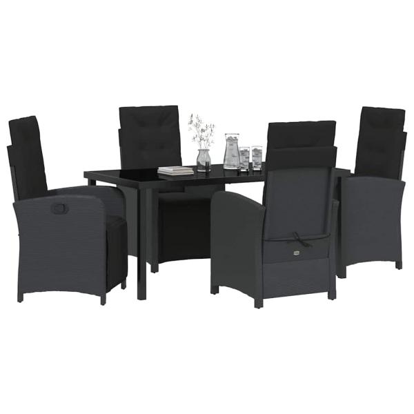 5-teiliges Garten Essset mit Kissen Schwarz Poly-Rattan, Gartentisch Schwarz 160x80x73 cm mit Sicherheitsglas
