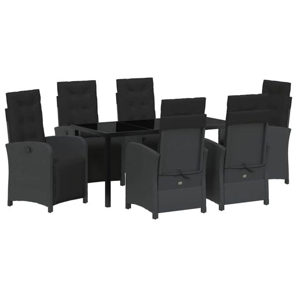 7-teilige Garten Essgruppe mit Kissen Schwarz Poly Rattan, Gartentisch Schwarz 160x80x73 cm Tempered Glass