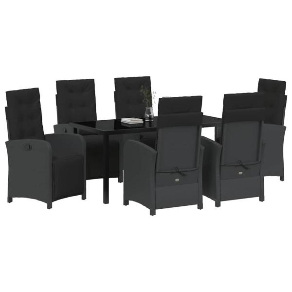 7-teilige Garten Essgruppe mit Kissen Schwarz Poly Rattan, Gartentisch Schwarz 160x80x73 cm Tempered Glass