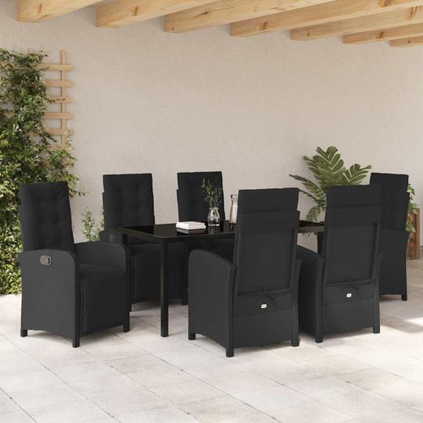 7-teilige Garten Essgruppe mit Kissen Schwarz Poly Rattan, Gartentisch Schwarz 160x80x73 cm Tempered Glass