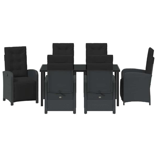 7-teilige Garten Essgruppe mit Kissen Schwarz Poly Rattan, Gartentisch Schwarz 160x80x73 cm Tempered Glass