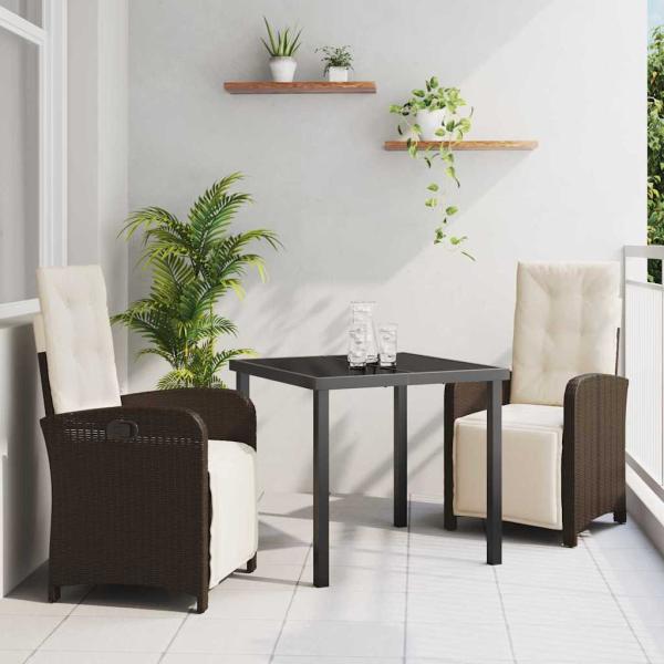 ARDEBO.de - 3-teiliges Garten Essset mit Kissen Braun Poly-Rattan, Gartentisch Schwarz 80x80x73 cm Gehärtetes Glas