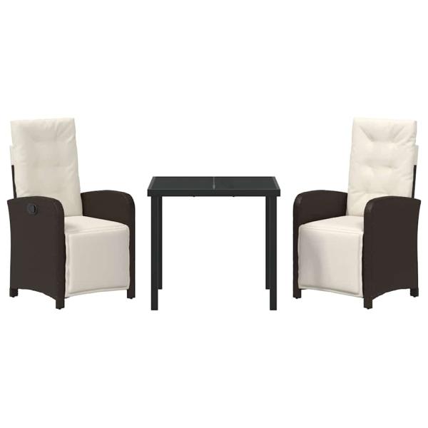 3-teiliges Garten Essset mit Kissen Braun Poly-Rattan, Gartentisch Schwarz 80x80x73 cm Gehärtetes Glas