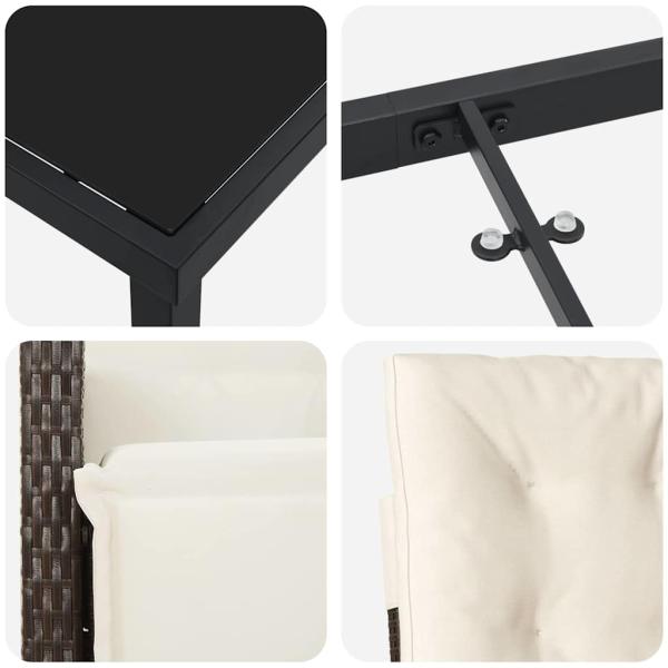 3-teiliges Garten Essset mit Kissen Braun Poly-Rattan, Gartentisch Schwarz 80x80x73 cm Gehärtetes Glas