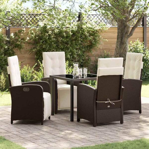 ARDEBO.de - 5-teiliges Garten-Ess-Set mit Kissen in Braun Rattan, Gartentisch Schwarz 80x80x73 cm aus gehärtetem Glas