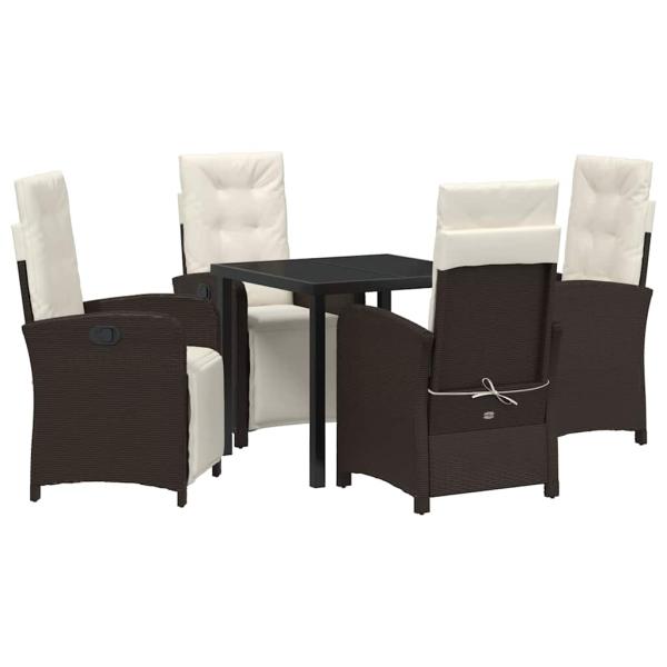 5-teiliges Garten-Ess-Set mit Kissen in Braun Rattan, Gartentisch Schwarz 80x80x73 cm aus gehärtetem Glas