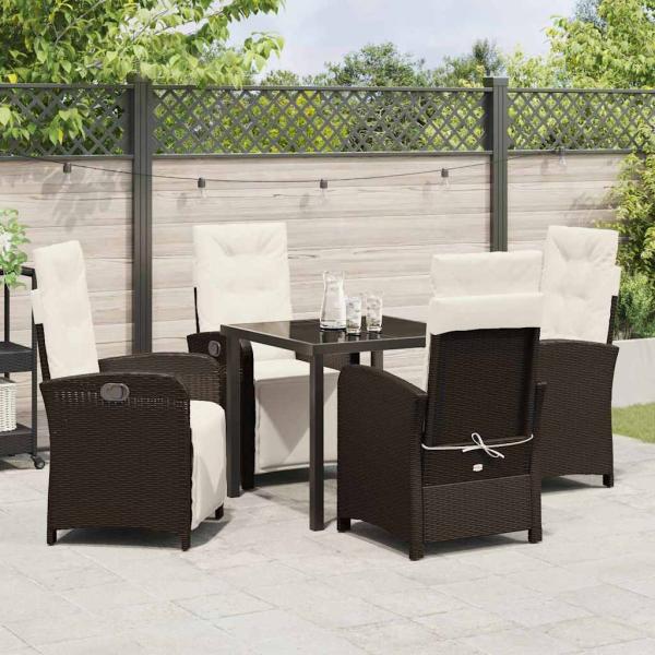 5-teiliges Garten-Ess-Set mit Kissen in Braun Rattan, Gartentisch Schwarz 80x80x73 cm aus gehärtetem Glas