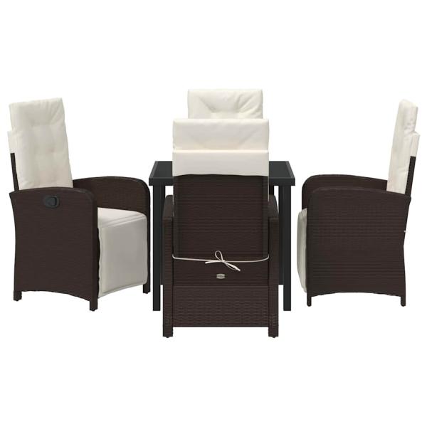 5-teiliges Garten-Ess-Set mit Kissen in Braun Rattan, Gartentisch Schwarz 80x80x73 cm aus gehärtetem Glas