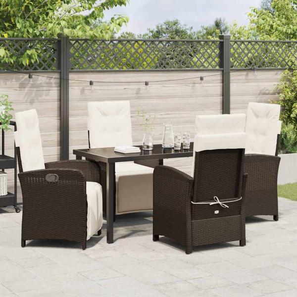 5-teiliges Garten Essgruppe mit Kissen in Braun aus Poly-Rattan, Gartentisch Schwarz 140x80x73 cm aus Sicherheitsglas