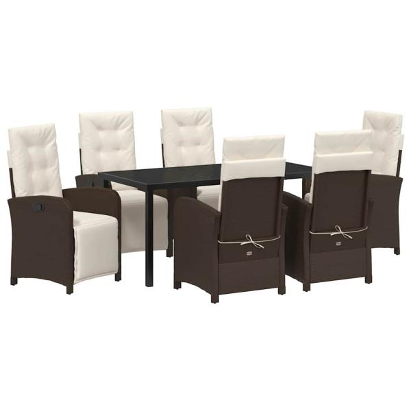 7-teiliges Garten Esszimmer Set mit Kissen in Braun aus Poly Rattan, Gartentisch Schwarz 160x80x73 cm mit gehärtetem Glas