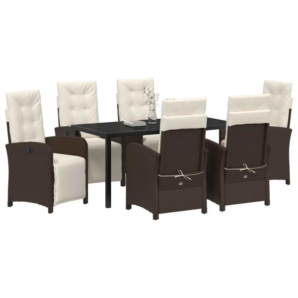 7-teiliges Garten Esszimmer Set mit Kissen in Braun aus Poly Rattan, Gartentisch Schwarz 160x80x73 cm mit gehärtetem Glas