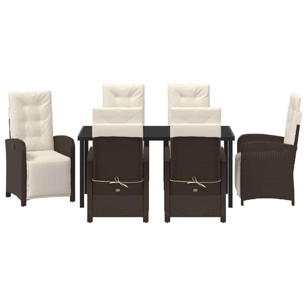 7-teiliges Garten Esszimmer Set mit Kissen in Braun aus Poly Rattan, Gartentisch Schwarz 160x80x73 cm mit gehärtetem Glas