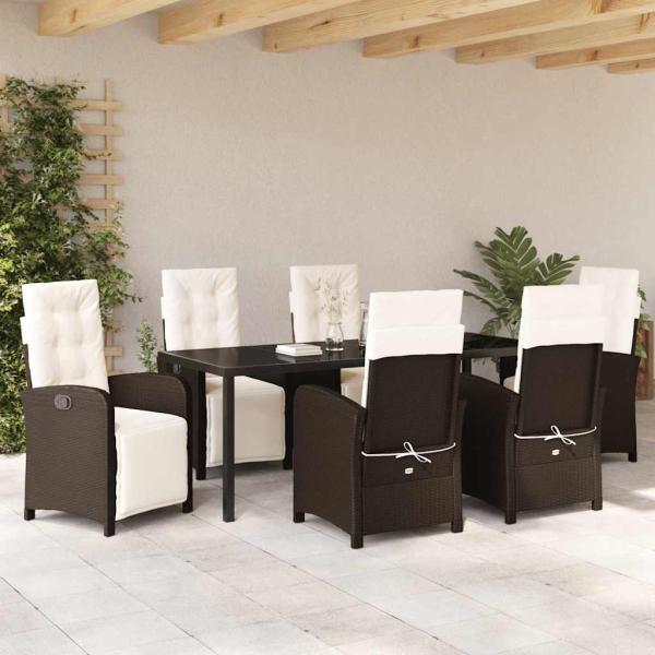 7-teiliges Garten-Essset mit Kissen aus braunem Poly-Rattan, Gartentisch Schwarz 200x80x73 cm, gehärtetes Glas
