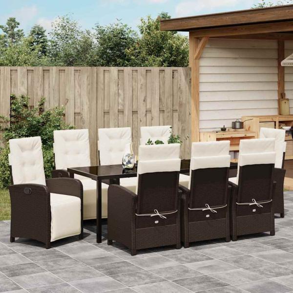 9-teiliges Garten Esszimmer Set mit Kissen Braun Poly Rattan, Gartentisch Schwarz 200x80x73 cm Tempered Glass