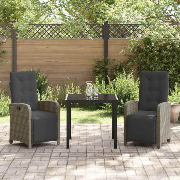 3-teiliges Garten Essset mit Polstern Grau Poly Rattan, Gartentisch Schwarz 80x80x73 cm Sicherheitsglas