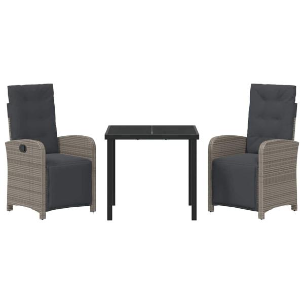 3-teiliges Garten Essset mit Polstern Grau Poly Rattan, Gartentisch Schwarz 80x80x73 cm Sicherheitsglas