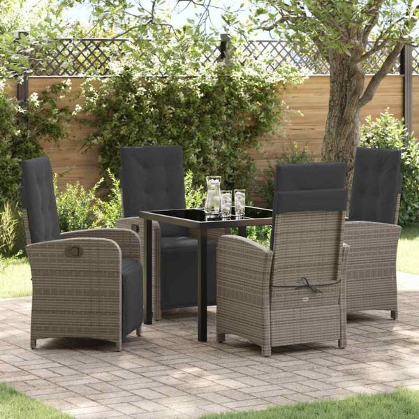ARDEBO.de - 5-teiliges Garten Essset mit Kissen Grau Poly Rattan, Gartentisch Schwarz 80x80x73 cm Sicherheitsglas