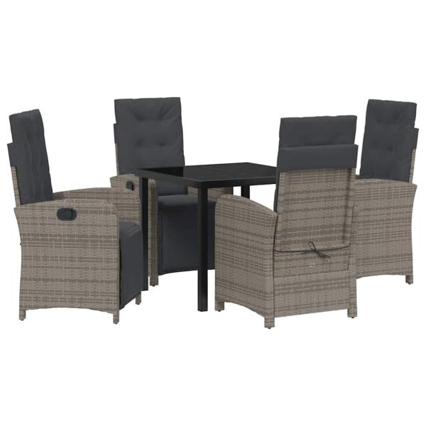 5-teiliges Garten Essset mit Kissen Grau Poly Rattan, Gartentisch Schwarz 80x80x73 cm Sicherheitsglas