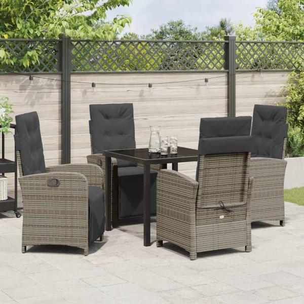 5-teiliges Garten Essset mit Kissen Grau Poly Rattan, Gartentisch Schwarz 80x80x73 cm Sicherheitsglas