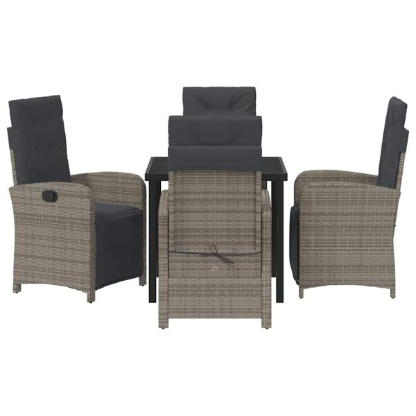 5-teiliges Garten Essset mit Kissen Grau Poly Rattan, Gartentisch Schwarz 80x80x73 cm Sicherheitsglas