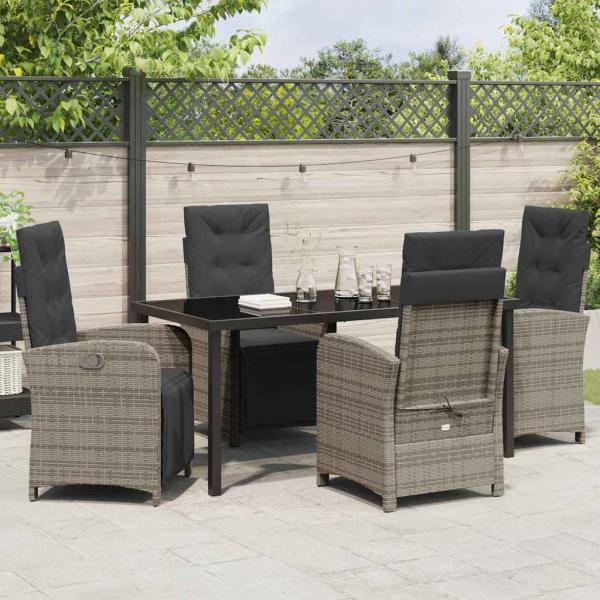 5-teiliges Garten Essset mit Kissen Grau Poly Rattan, Gartentisch Schwarz 160x80x73 cm Sicherheitsglas
