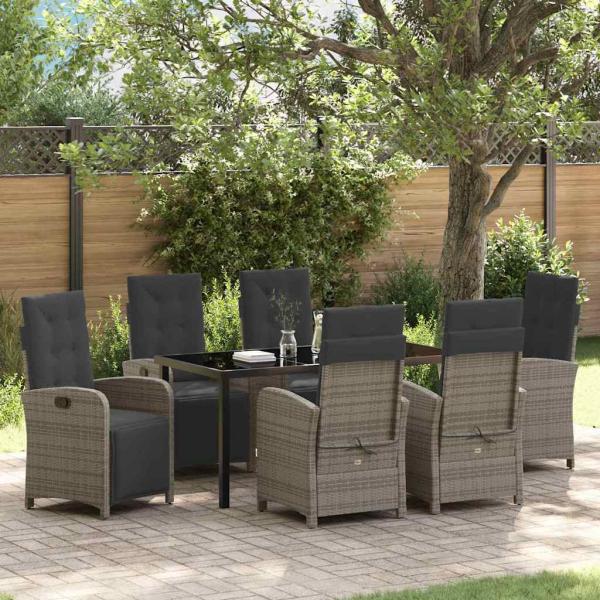 ARDEBO.de - 7-teiliges Garten-Essgruppen-Set mit Kissen in Grau aus Poly Rattan, Gartentisch Schwarz 160x80x73 cm Temperglas