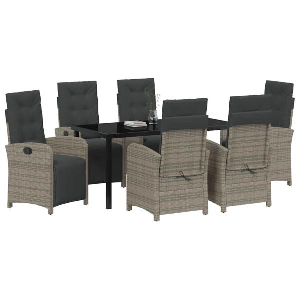 7-teiliges Garten-Essgruppen-Set mit Kissen in Grau aus Poly Rattan, Gartentisch Schwarz 160x80x73 cm Temperglas