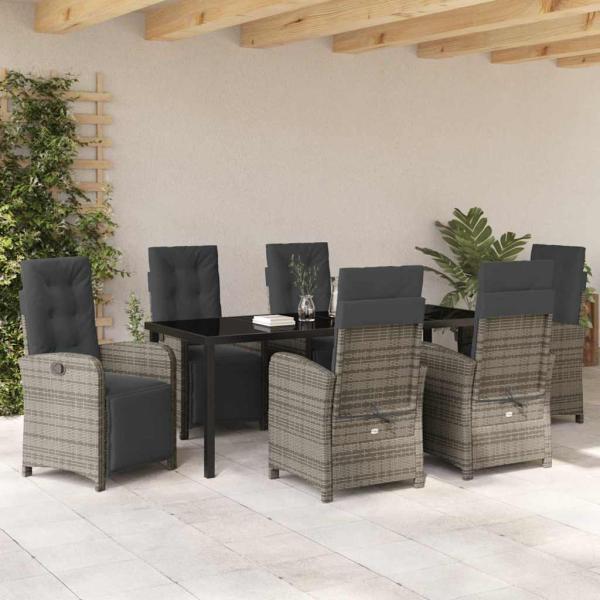 7-teilige Garten Essgruppe mit Kissen Grau Poly Rattan, Gartentisch Schwarz 200x80x73 cm Sicherheitsglas