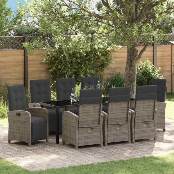 ARDEBO.de - Garten Essgruppe mit Kissen 9 pcs Grau Poly-Rattan