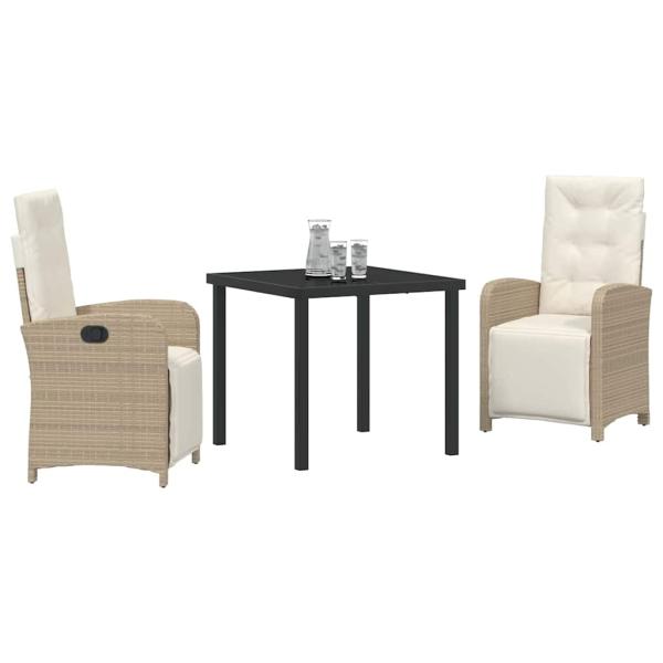 3-teiliges Garten-Essgruppe mit Kissen Beige Poly Rattan, Gartentisch Schwarz 80x80x73 cm Sicherheitsglas