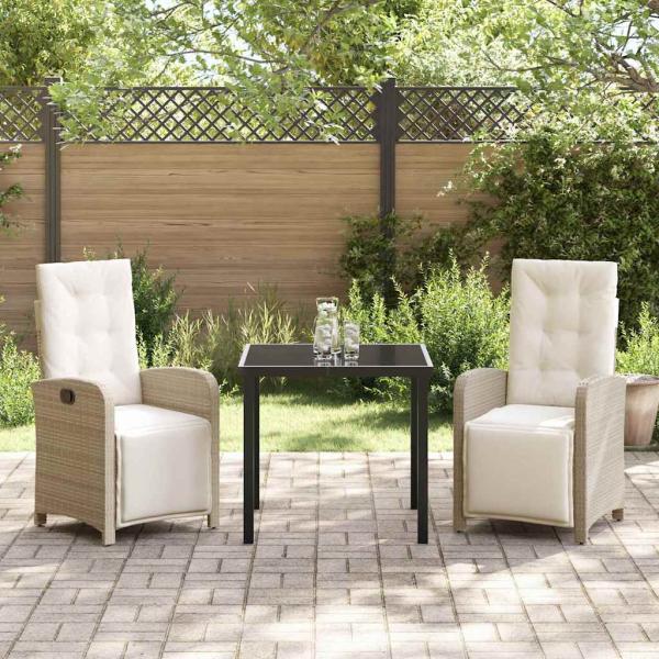 3-teiliges Garten-Essgruppe mit Kissen Beige Poly Rattan, Gartentisch Schwarz 80x80x73 cm Sicherheitsglas