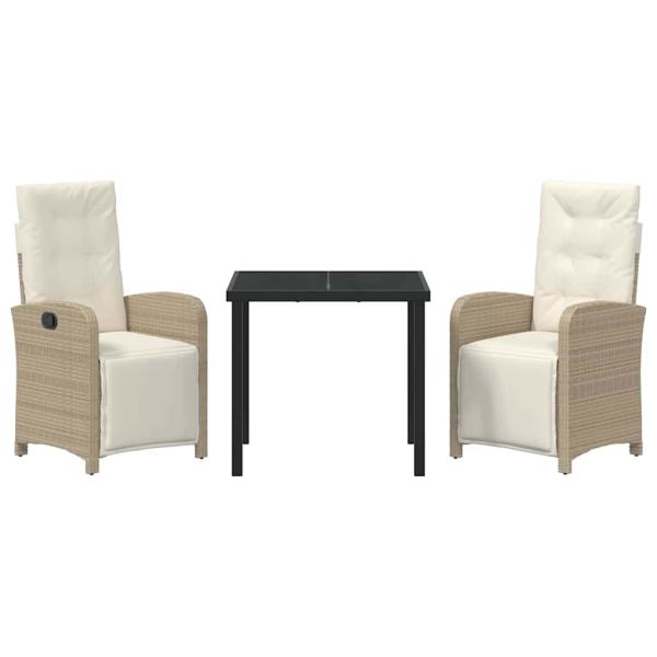 3-teiliges Garten-Essgruppe mit Kissen Beige Poly Rattan, Gartentisch Schwarz 80x80x73 cm Sicherheitsglas