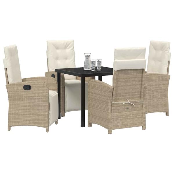 5-teiliges Garten-EssSet mit Kissen in Beige aus Poly Rattan, Gartentisch Schwarz 80x80x73 cm mit Sicherheitsglas